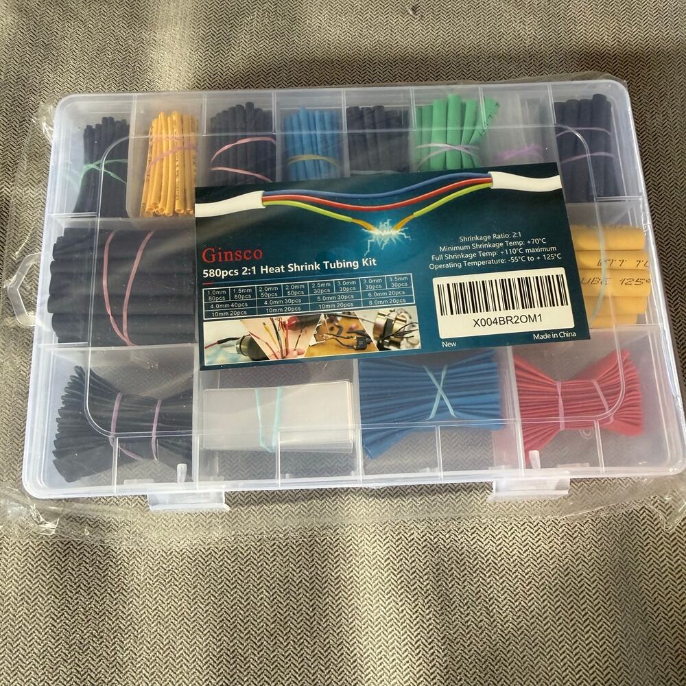 Ginsco 580pc Heat Shrink Tubing Kit 2:1 6 Colors 11 Sizes Wire Cable NEW